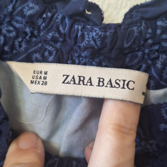 Zara Navy Eyelet Off The Shoulder Button Front Mini Dress Womens Size M - Picture 2 of 7